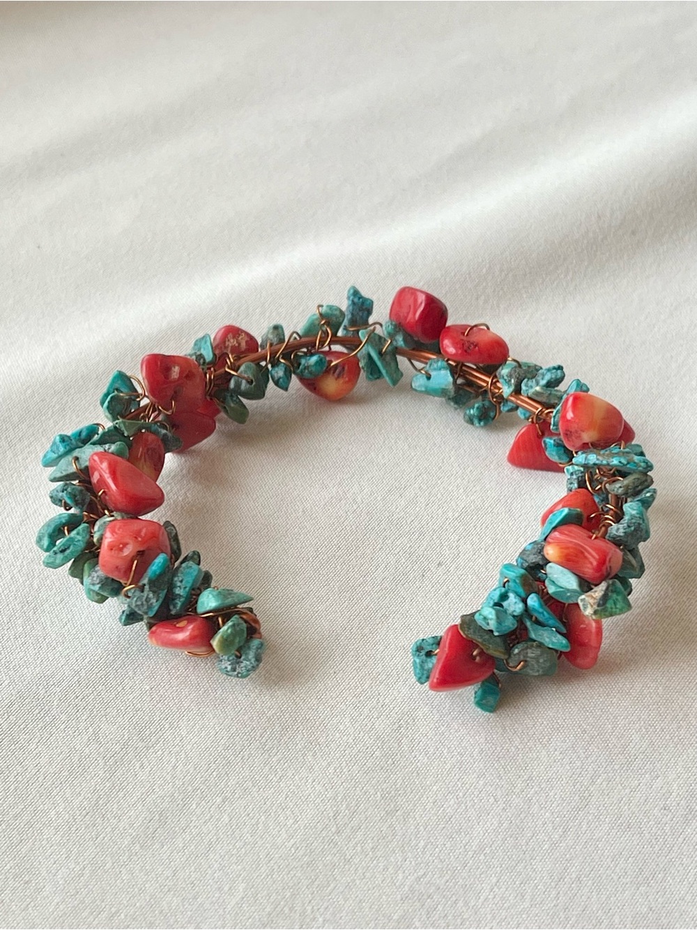 Vintage Southwestern Turquoise & Coral Copper Wire Cuff Bracelet